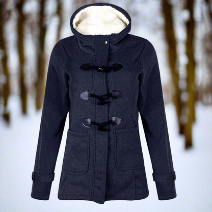 Kvinnelig Dufflecoat - Ullblanding - Treknapper - Hette med Fleecefôr - Store Lommer