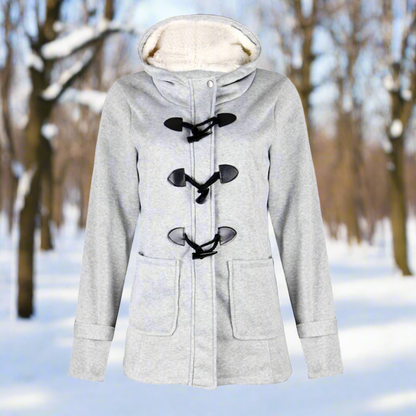 Kvinnelig Dufflecoat - Ullblanding - Treknapper - Hette med Fleecefôr - Store Lommer