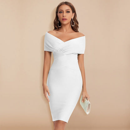 Kvinners penkjole – Off-shoulder bodycon – Hjerteformet utringning – Kne-lang – Strukturert passform