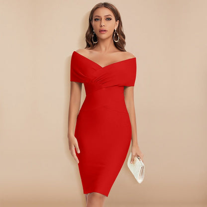 Kvinners penkjole – Off-shoulder bodycon – Hjerteformet utringning – Kne-lang – Strukturert passform
