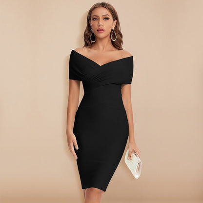 Kvinners penkjole – Off-shoulder bodycon – Hjerteformet utringning – Kne-lang – Strukturert passform