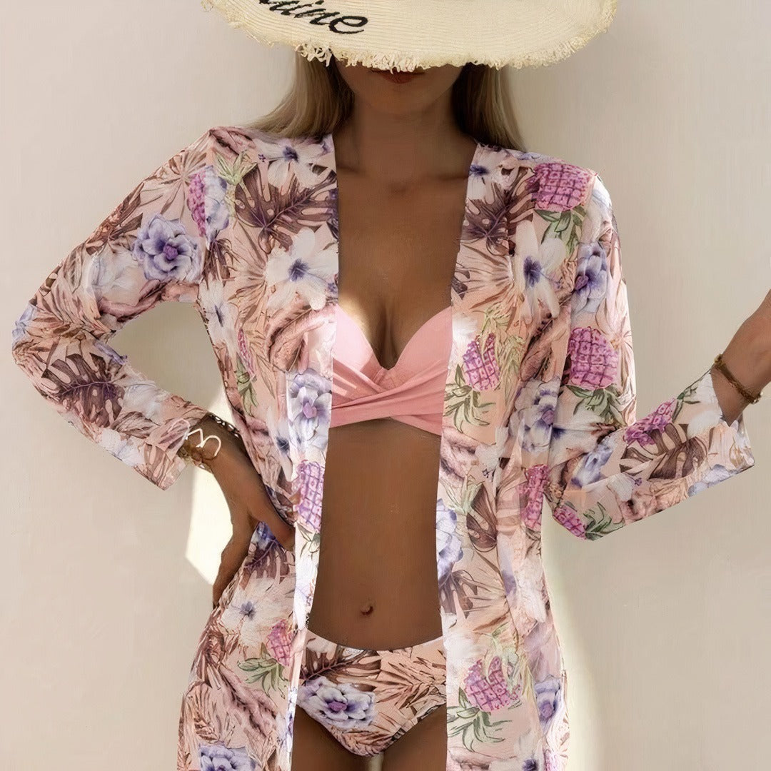 Dam Bikini Set – Rynkad Topp – Justerbara Remmar – Figurnära Passform – Blommigt Underdel