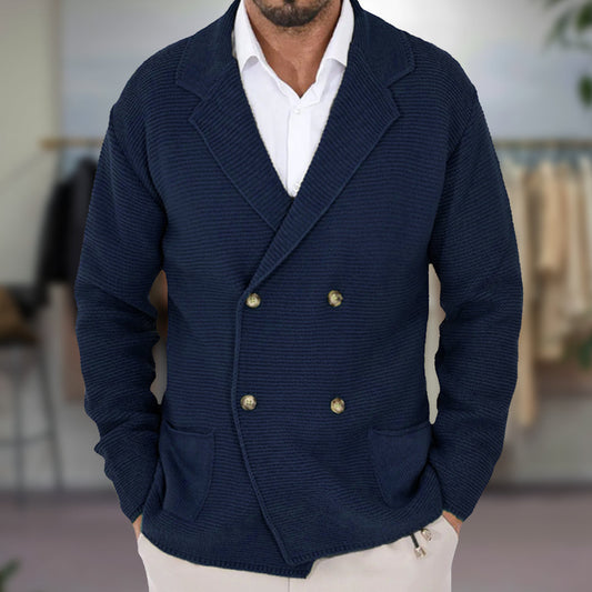 Herr Cardigan – Stickat Tyg – Regular Fit – Dubbelspränd – Kavajliknande Krage
