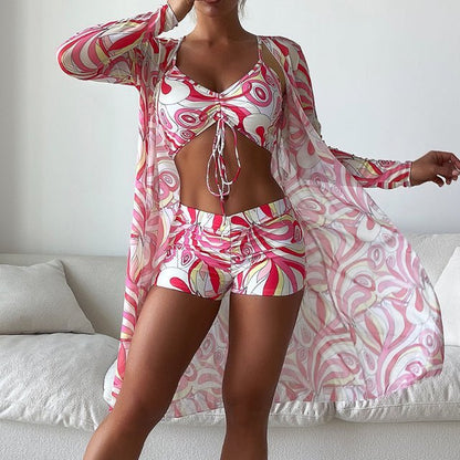 Dam Bikini Set – V-ringad Topp med Knytning – Hög Midja – Lång Transparent Cover-Up