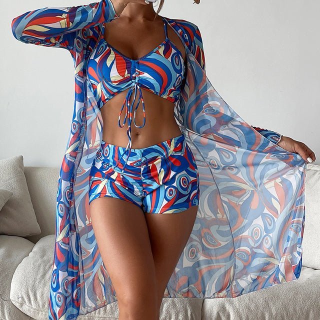 Dam Bikini Set – V-ringad Topp med Knytning – Hög Midja – Lång Transparent Cover-Up