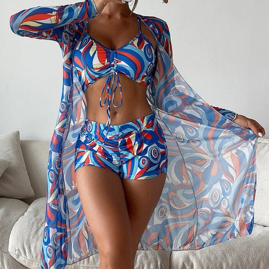 Dam Bikini Set – V-ringad Topp med Knytning – Hög Midja – Lång Transparent Cover-Up