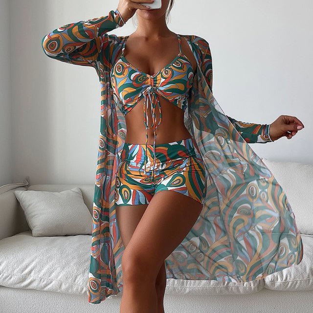 Dam Bikini Set – V-ringad Topp med Knytning – Hög Midja – Lång Transparent Cover-Up