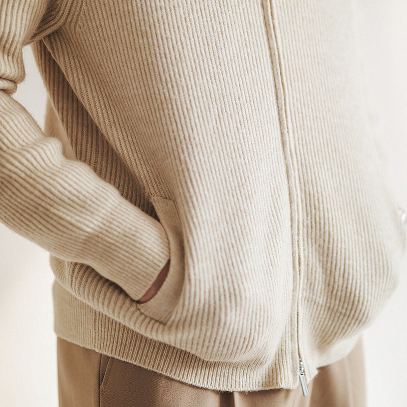 Herr Cardigan – Ullblandning med Ribbstickning – Smal Passform – Dragkedja och Hög Krage