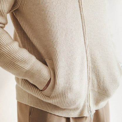 Herr Cardigan – Ullblandning med Ribbstickning – Smal Passform – Dragkedja och Hög Krage
