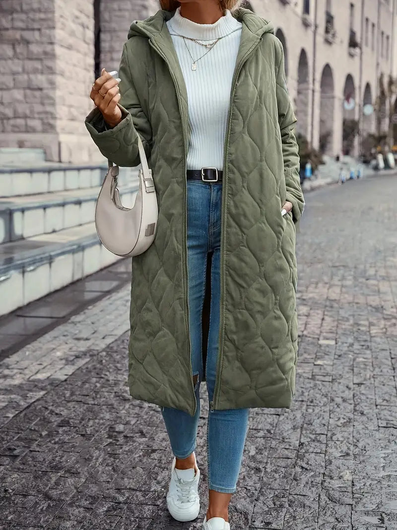Damkappa – Kviltad design – Avslappnad passform – Huva – Full längd – Naturfiber