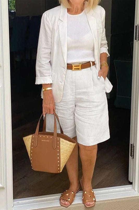 Dam Blazer och Shorts Set – Avslappnad Passform – Andningsbart Tyg – Knälånga Kostymshorts
