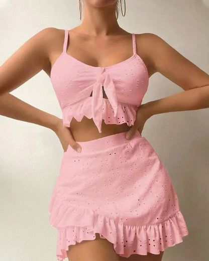 Dam Bikini Set – Andningsbart Tyg – Ögonmönster – Avslappnad Passform – Minikjol