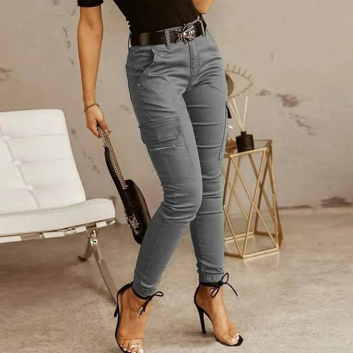 Dam Cargobyxor - Slim Fit - Stretchbomull - Flerfickor med Dragkedja