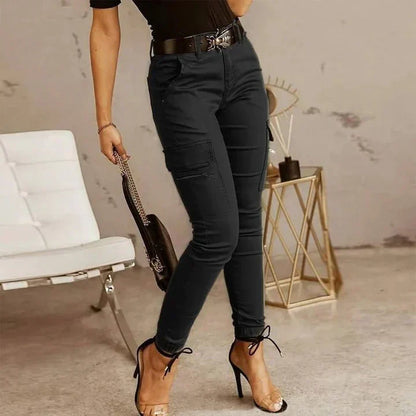 Dam Cargobyxor - Slim Fit - Stretchbomull - Flerfickor med Dragkedja