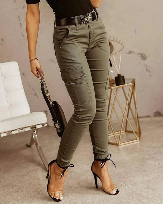 Dam Cargobyxor - Slim Fit - Stretchbomull - Flerfickor med Dragkedja