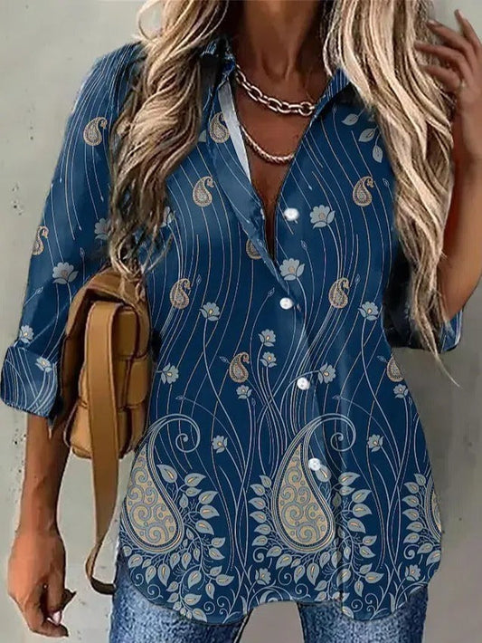 Dam Blus - Långärmad Med Krage - Paisley och Blommönster - Knäppning