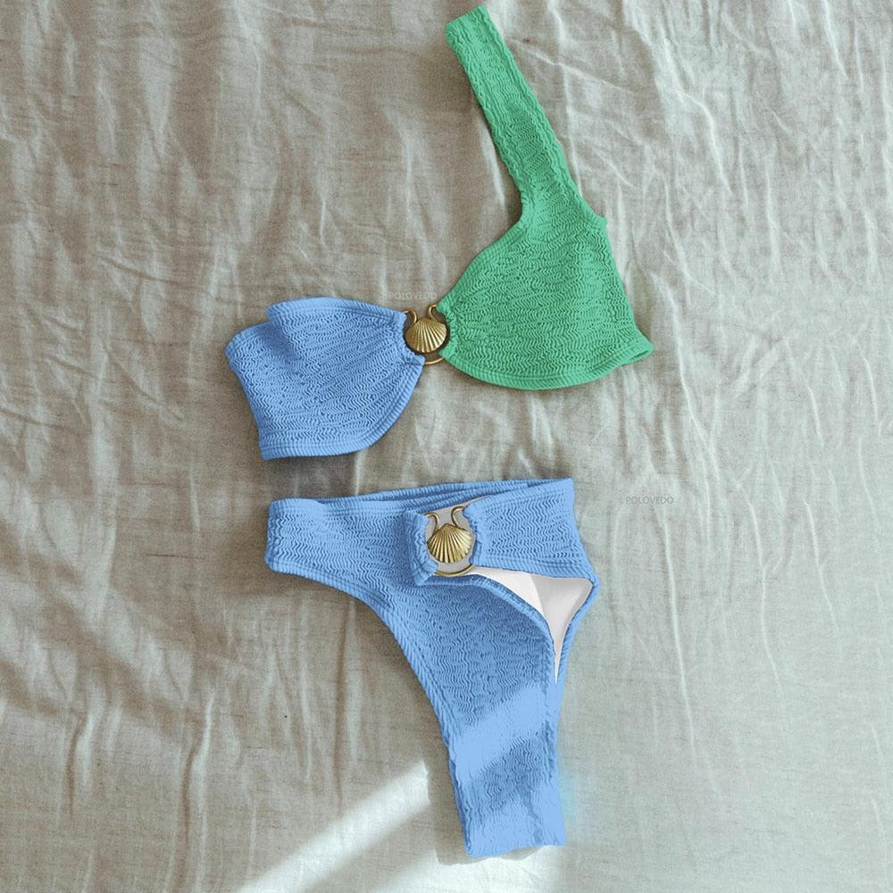 Dam Bikini Set – Ribbstickad Stretch – Hög Midja – Scoop Hals – Sidoprydd