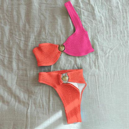 Dam Bikini Set – Ribbstickad Stretch – Hög Midja – Scoop Hals – Sidoprydd