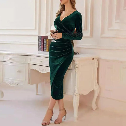 Klänning för dam - Elegant Velour - Midi Längd - V-Hals - Långärmad Omslagsdesign