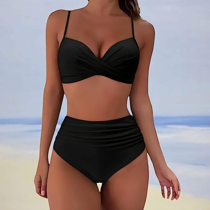 Dam Bikini - Omslagsdesign Topp - Justerbara Remmar - Hög Midja - Smickrande Passform