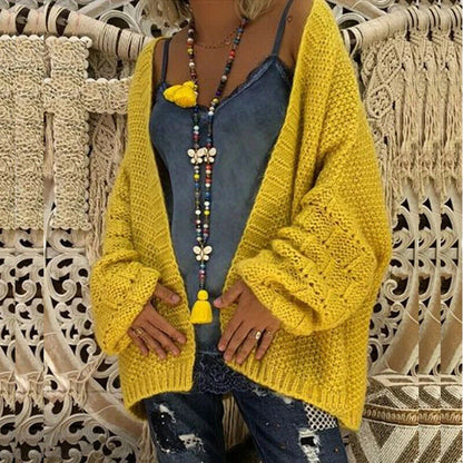Dam Cardigan – Ullstickad – Oversized Passform – Öppen Front – Ballongärmad Design