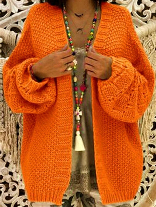 Dam Cardigan – Ullstickad – Oversized Passform – Öppen Front – Ballongärmad Design