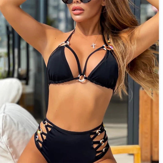 Dam Bikini Set – Justerbara Remmar – Hög Midja – Spännen och Metallringar