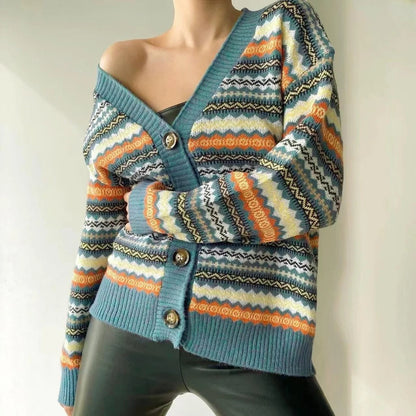 Dam Cardigan – Avslappnad Passform – Stickad – V-ringning – Knappar – Mönstrad Design