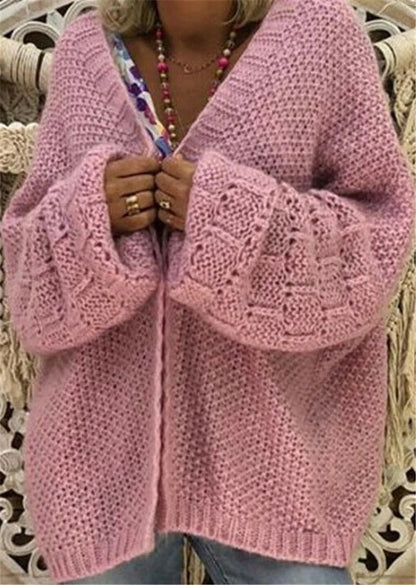 Dam Cardigan – Ullstickad – Oversized Passform – Öppen Front – Ballongärmad Design