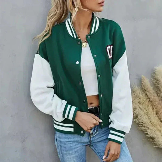 Dam Bomberjacka – Avslappnad Passform – Kontrastärm – Ribbstickad Kant – Varsity Stil