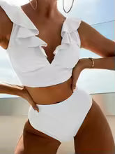 Dam Bikini Set – Rynkad V-ringad Topp – Hög Midja – Mjuk och Elastisk Passform