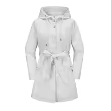Damtrenchcoat – avslappnad passform – vattenavvisande – huva – bälte – mellanmånga
