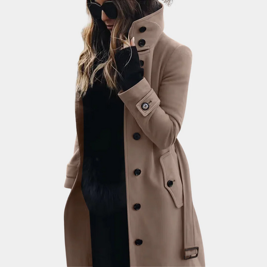 Dam Trenchcoat – Skräddarsydd Passform – Ulltextur – Bälte – Knälång – Knappar