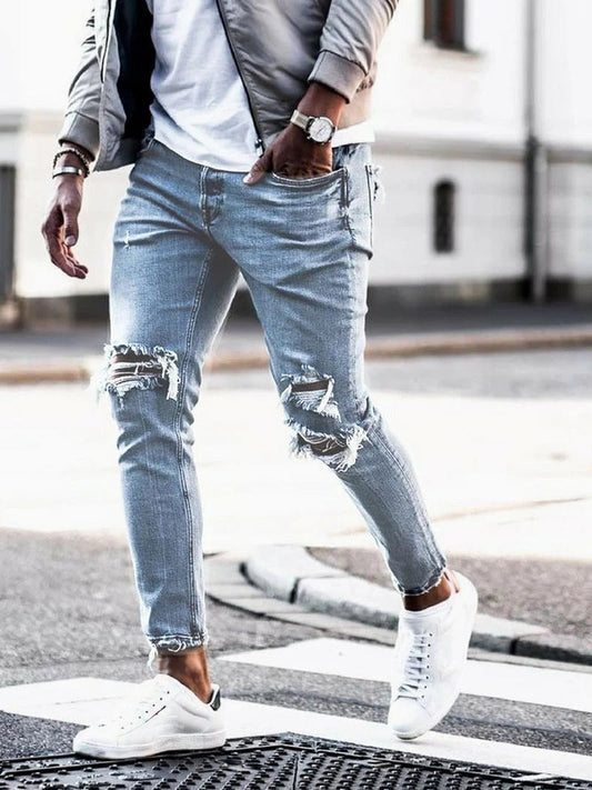 Herrejeans – Smal passform – Slitt denim – Full lengde – Streetwear stil