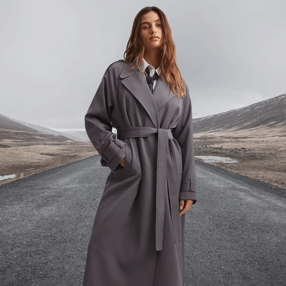 Damtrenchcoat – ullblandning – avslappnad passform – full längd – knytbälte