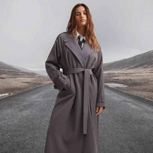 Damtrenchcoat – ullblandning – avslappnad passform – full längd – knytbälte