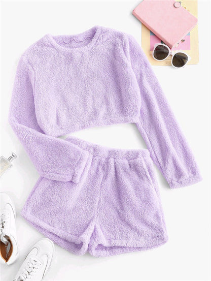 Dam Loungekläder Set – Mjuk Fleece-känsla – Croppad Tröja – Högmidja Shorts
