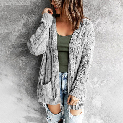 Dam Cardigan – Stickad Ullblandning – Avslappnad Passform – Kabelstickad – Öppen Front