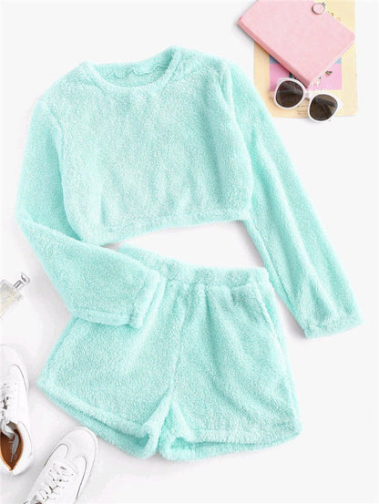 Dam Loungekläder Set – Mjuk Fleece-känsla – Croppad Tröja – Högmidja Shorts