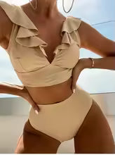Dam Bikini Set – Rynkad V-ringad Topp – Hög Midja – Mjuk och Elastisk Passform