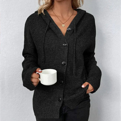 Dam Cardigan med Huva – Oversized Passform – Stickad – Knappfront – Ribbad Kant