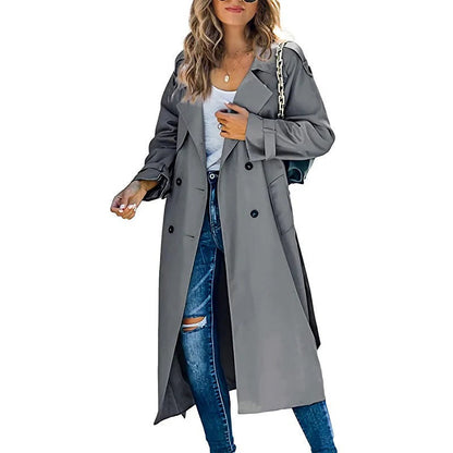 Dam Trenchcoat – Avslappnad Passform – Dubbelspränd – Bred Krage – Lång Modell