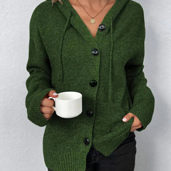 Dam Cardigan med Huva – Oversized Passform – Stickad – Knappfront – Ribbad Kant