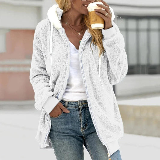 Damkappa med huva – Teddyfleece – Oversized passform – Dragkedja – Ledig stil