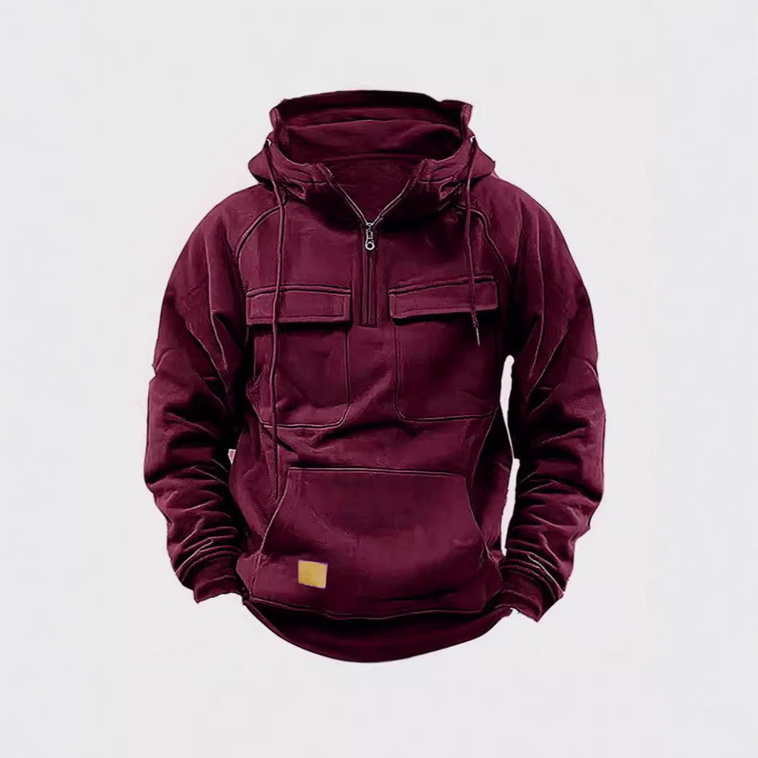 Herr Huvtröja – Avslappnad Passform – Half Zip – Bröstfickor – Mjuk Bomullsfleece