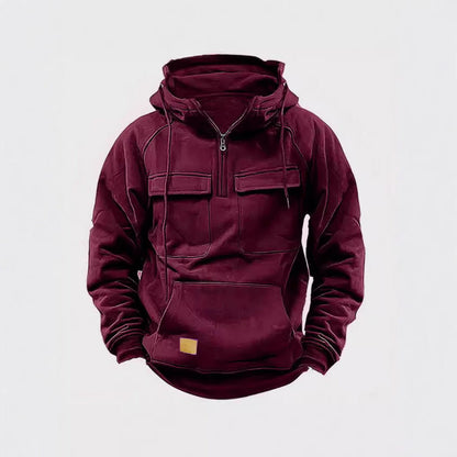 Herr Huvtröja – Avslappnad Passform – Half Zip – Bröstfickor – Mjuk Bomullsfleece