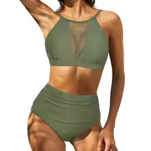 Dam Bikini Set – Hög Midja – Halterneck – Snörning – Uthålad Detalj – Andas