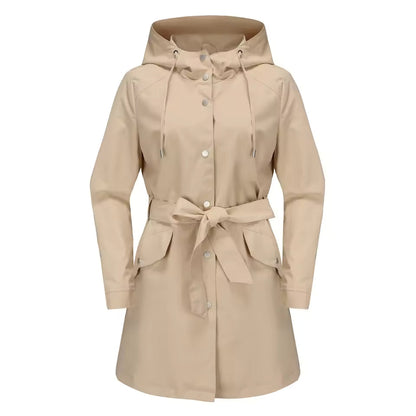 Damtrenchcoat – avslappnad passform – vattenavvisande – huva – bälte – mellanmånga