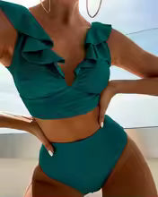 Dam Bikini Set – Rynkad V-ringad Topp – Hög Midja – Mjuk och Elastisk Passform