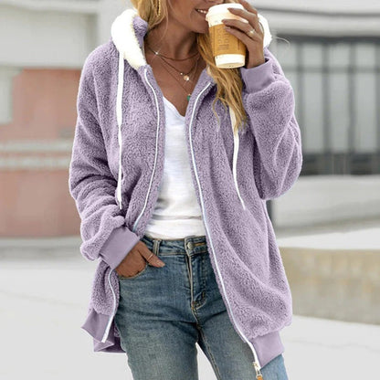 Damkappa med huva – Teddyfleece – Oversized passform – Dragkedja – Ledig stil